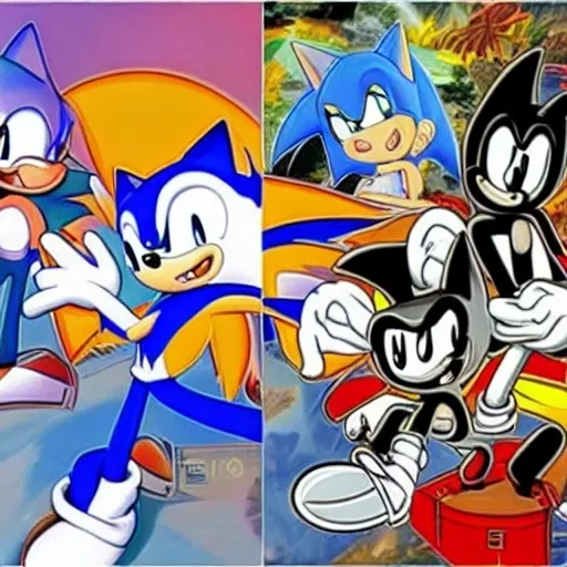 Prompt: Are cartoon white black, 2d, sonic, &, tails, to the left of a cartoon classic white, black, in ( 2 0 0 0 s )