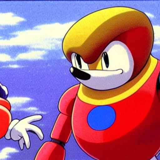 Prompt: beautiful illustration of dr robotnik looking up lovingly at sonic the hedgehog. animation frame from the studio ghibli film by miyazaki.