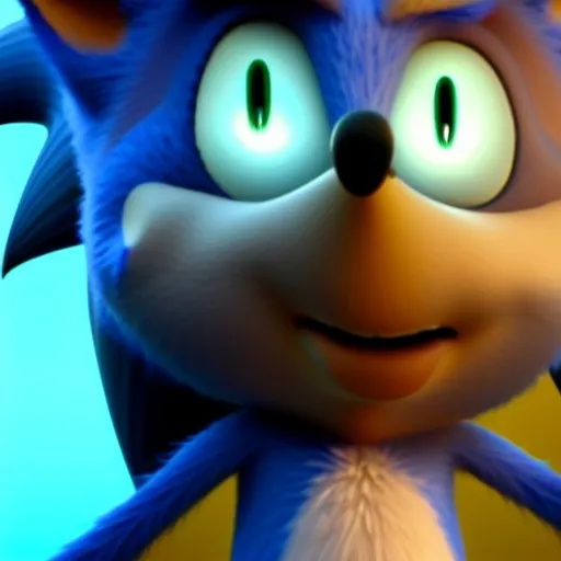 Prompt: Sonic the Hedgehog in a Disney Pixar animated movie, Dreamworks, backlit rim light, fill light, blue fur, stylized, green hill zone made by Pixar, unreal engine