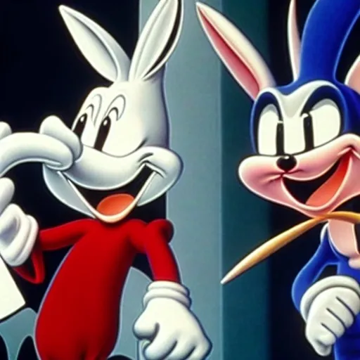 Prompt: Bugs Bunny Are cartoon white black, 2d, sonic, &, tails, to the left of a cartoon classic white, black, in ( 2 0 0 0 s )