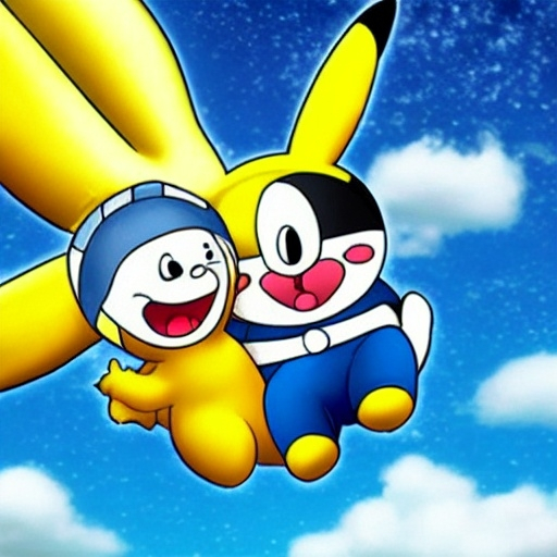 Prompt: doraemon and Pikachu the date the beautiful sky photo digital art