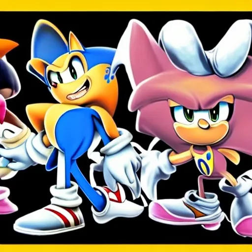 Prompt: Are cartoon white black, 2d, sonic, &, tails, to the left of a cartoon classic white, black, in ( 2 0 0 0 s )