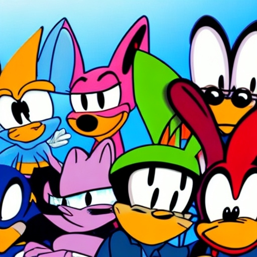 Prompt: Are crossovers overrated? News article. Videogames. Movies. Stock image. Bugs Bunny. Velma. Buster bunny Shaggy. .Looney Tunes Batman. Garnet from Steven Universe. Steven Universe. Porky pig. Daffy Duck. Sonic . Tails. Michael Jordon. Detail.