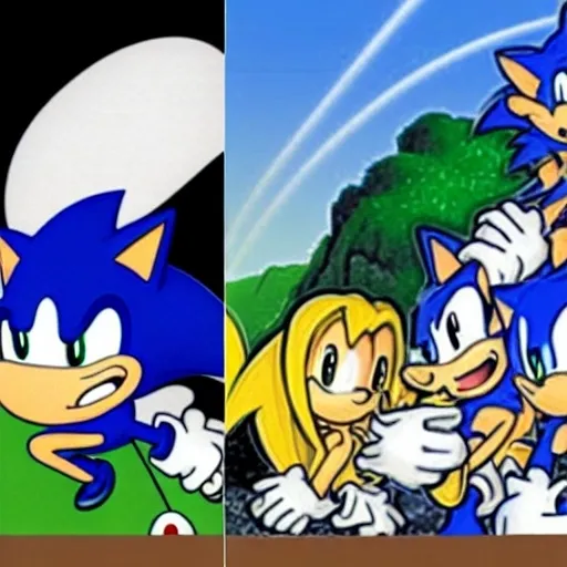 Prompt: Are cartoon white black, 2d, sonic, &, tails, to the left of a cartoon classic white, black, in ( 2 0 0 0 s )