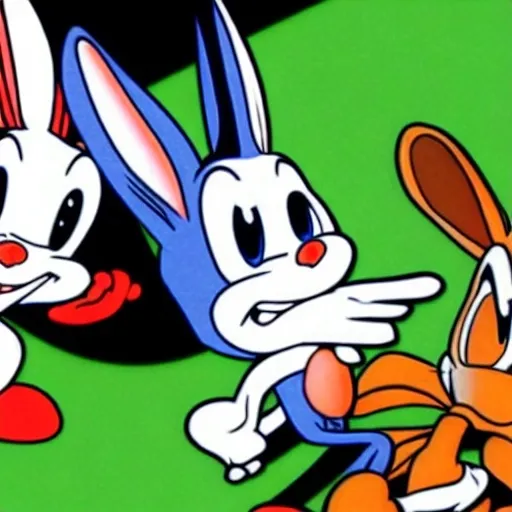 Prompt: Bugs Bunny Are cartoon white black, 2d, sonic, &, tails, to the left of a cartoon classic white, black, in ( 2 0 0 0 s )