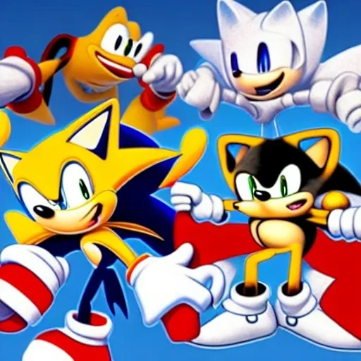 Prompt: Are cartoon white black, 2d, sonic, &, tails, to the left of a cartoon classic white, black, in ( 2 0 0 0 s )