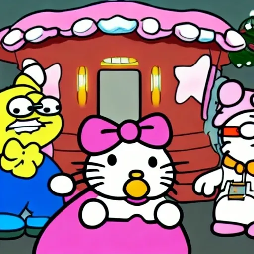 Prompt: Peter Griffin And hello kitty so neighborhood house in MS nowhere must read four people mushroom is clip art pug