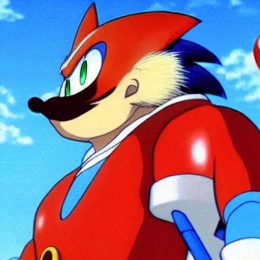 Prompt: beautiful illustration of dr robotnik looking up lovingly at sonic the hedgehog. animation frame from the studio ghibli film by miyazaki.