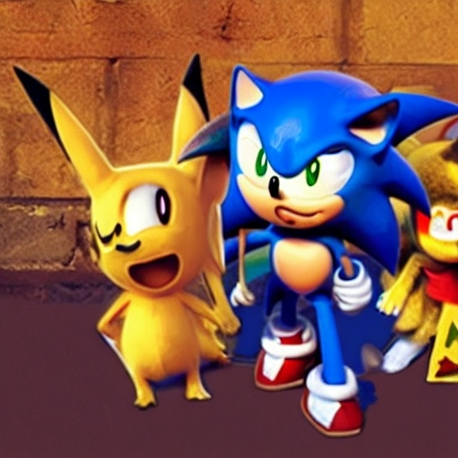 Prompt: Sonic N pikachu playing together with friends having fun