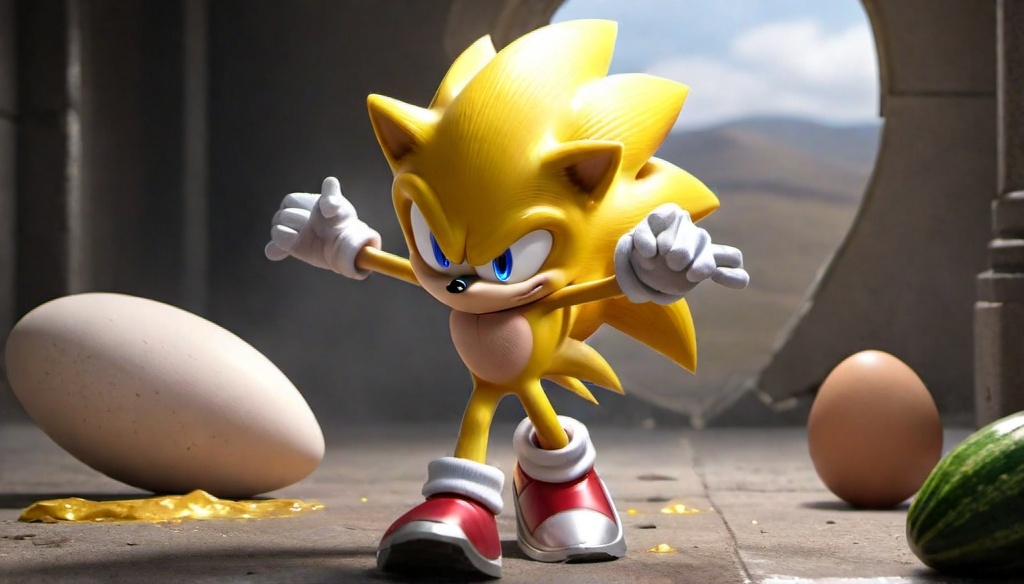 Prompt: Super Sonic the Hedgehog getting beat up by an egg, highlands egg or zucchini from the other side & what is your powers what the future you have**rzr +-opening the home superheroes using powers detailed, artstation