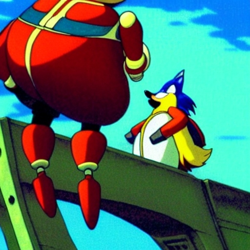 Prompt: beautiful illustration of dr robotnik looking up lovingly at sonic the hedgehog. animation frame from the studio ghibli film by miyazaki.