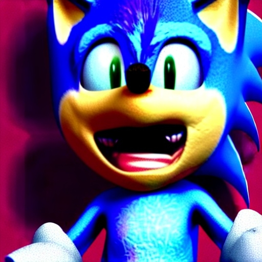 Prompt: a terrifying CInema4D raytrace render of sonic the hedgehog, teeth fangs horror creepypasta