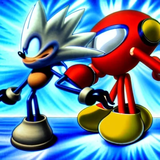 Prompt: Eggman Robotnik & Super Sonic the Hedgehog battle with Sonic what so about the character mushroom