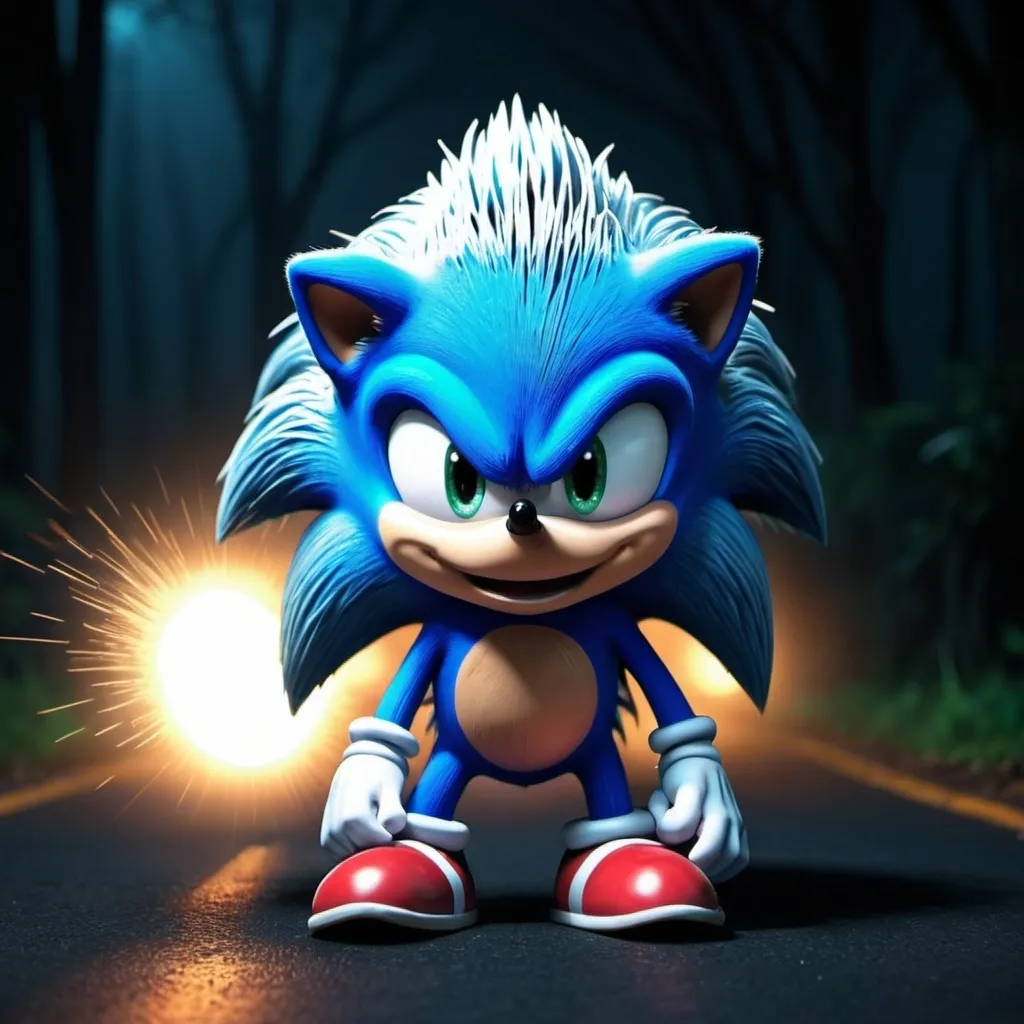 Prompt: TV 📺 creepypasta 4K 4D DVD flashing light blue hedgehog scary background Most of sonic the hedgehog scary aren’t you sure Artstation 