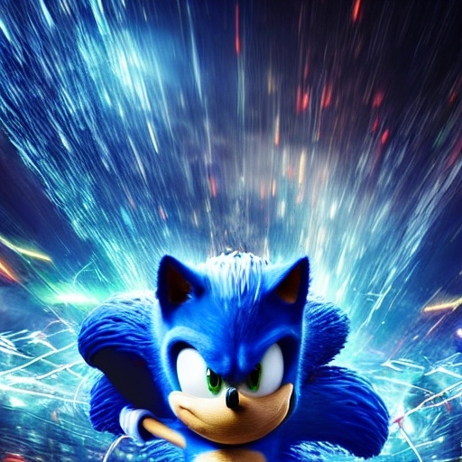 Prompt: sonic the hedgehog inspired photograph, futuristic, highly detailed, photorealistic, 8K, UE5, Octane, artstation trending, award winning, high energy