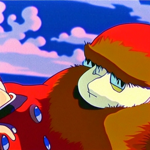 Prompt: beautiful illustration of dr robotnik looking up lovingly at sonic the hedgehog. animation frame from the studio ghibli film by miyazaki.