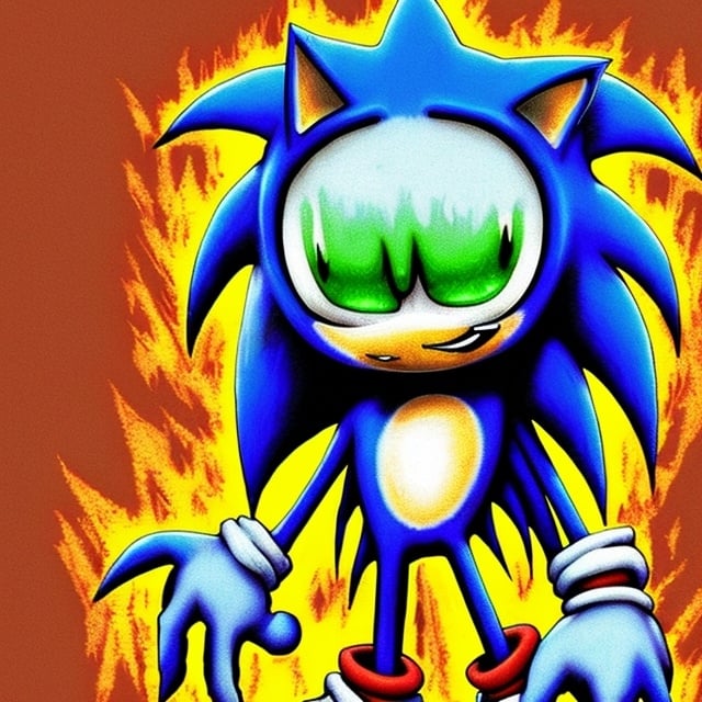 Prompt: sonic.exe horror Creepypasta digital art "weird sonic egh deviantart" MS paint artterrible dr eggman  mma illustration,3 ,D 4 , K  painting, drawing, art, green Rogh creepy found  sketch art detail 6 , 4 4 , K photograph total mouth eyeball eyeball flashing light fire head screaming light