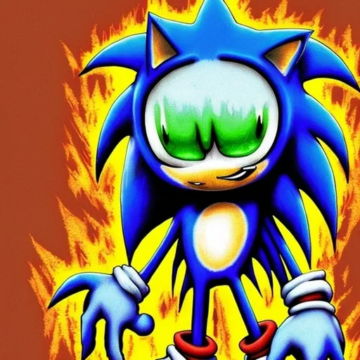 Prompt: sonic.exe horror Creepypasta digital art "weird sonic egh deviantart" MS paint artterrible dr eggman  mma illustration,3 ,D 4 , K  painting, drawing, art, green Rogh creepy found  sketch art detail 6 , 4 4 , K photograph total mouth eyeball eyeball flashing light fire head screaming light