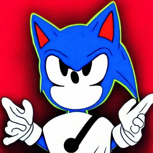 Prompt: creepypasta Sonic.Exe for scary red eyes flashlight torque Black white creepy found Break laughing 