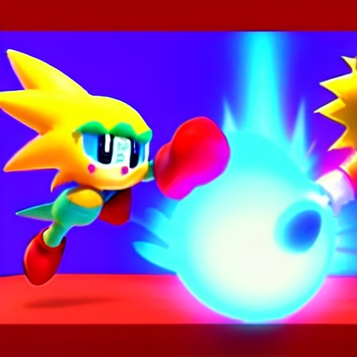 Prompt: Super Sonic fighting Kirby superStore in super smash bros artstation 3D