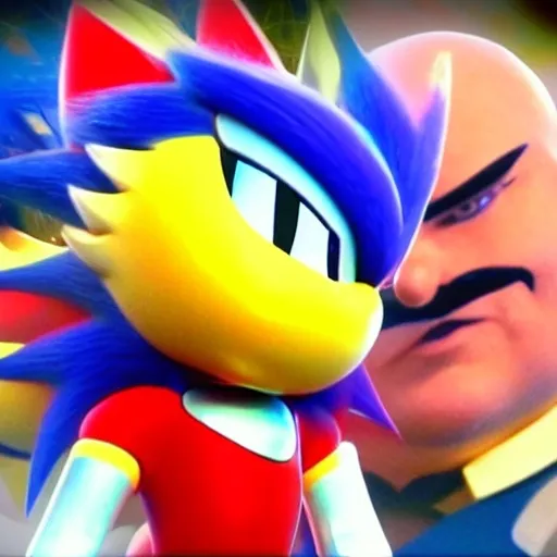 Prompt: Eggman Robotnik & Super Sonic the Hedgehog battle with Sonic what so about the character mushroom