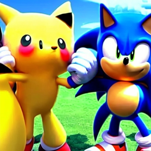 Prompt: Sonic N pikachu playing together with friends having fun