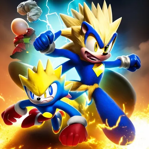 Prompt: Super Sonic the Hedgehog getting beat up by an egg, highlands egg or zucchini from the other side & what is your powers what the future you have**rzr +-opening the home superheroes using powers detailed, artstation