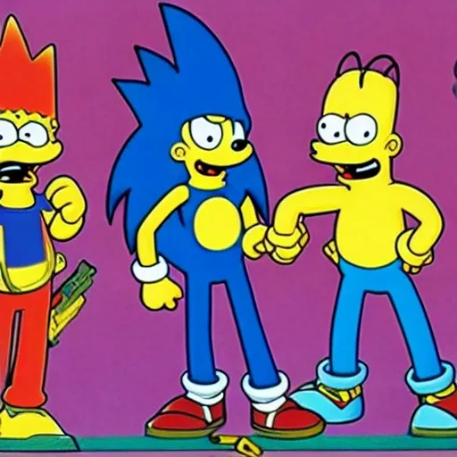 Prompt: Sonic The Simpsons from with a bart Simpson have a gun from Blast razor power Suit laser Seger laser guns Sega Genesis gamer fire ( 2 3 5 4 0 ) New photo
