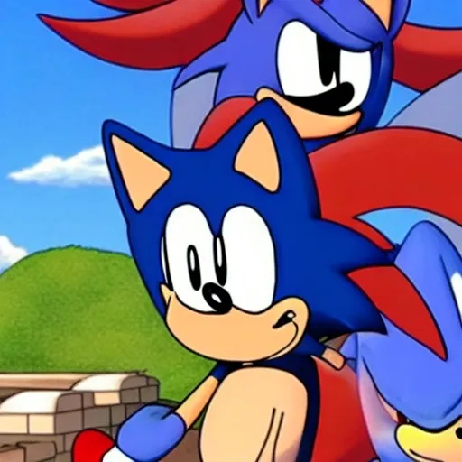 Prompt: Sonic the hedgehog, in a background image in Family guy