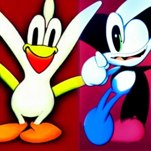 Prompt: roger rabbit Are cartoon white black, 2d, sonic, &, tails, to the left of a cartoon classic white, black, in ( 2 0 0 0 s )