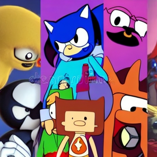 Prompt: Are crossovers overrated? News article. Videogames. Movies. Stock image. Adventure Time. Velma. Shaggy. Batman. Garnet from Steven Universe. Steven Universe. Spider-Man. Sonic, Tails, Michael Jordon.