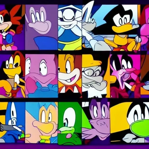 Prompt: Are crossovers overrated? News article. Videogames. Movies. Stock image. Bugs Bunny. Velma. Buster bunny Shaggy. .Looney Tunes Batman. Garnet from Steven Universe. Steven Universe. Porky pig. Daffy Duck. Sonic . Tails. Michael Jordon. Detail.