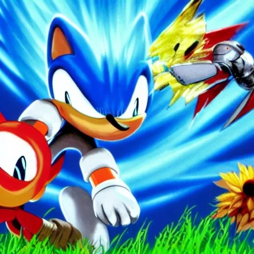 Prompt: Eggman Robotnik & Super Sonic the Hedgehog battle with Sonic what so about the character mushroom