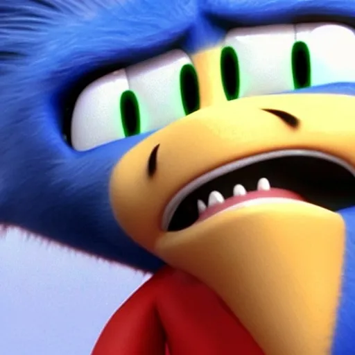 Prompt: High definition picture of ugly sonic with a toothache grin snarling at eggman