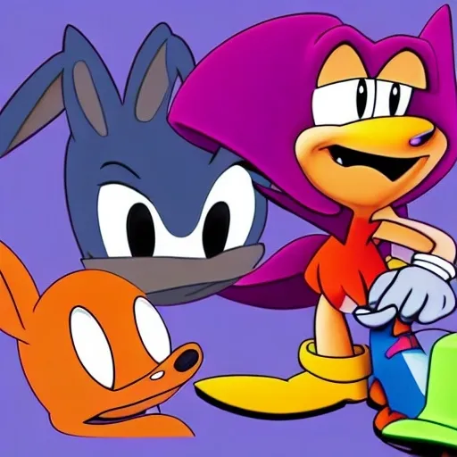 Prompt: Are crossovers overrated? News article. Videogames. Movies. Stock image. Bugs Bunny. Velma. Buster bunny Shaggy. .Looney Tunes Batman. Garnet from Steven Universe. Steven Universe. Porky pig. Daffy Duck. Sonic . Tails. Michael Jordon. Detail.