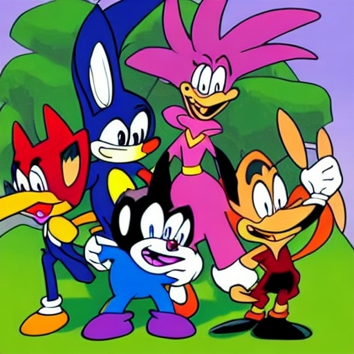 Prompt: Are crossovers overrated? News article. Videogames. Movies. Stock image. Bugs Bunny. Velma. Buster bunny Shaggy. .Looney Tunes Batman. Garnet from Steven Universe. Steven Universe. Porky pig. Daffy Duck. Sonic . Tails. Michael Jordon. Detail.