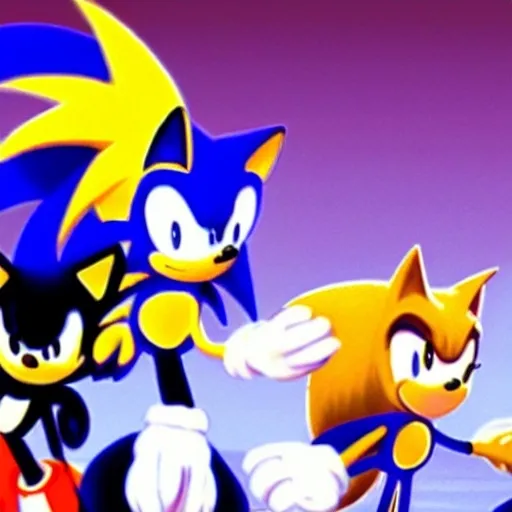 Prompt: Are cartoon white black, 2d, sonic, &, tails, to the left of a cartoon classic white, black, in ( 2 0 0 0 s )