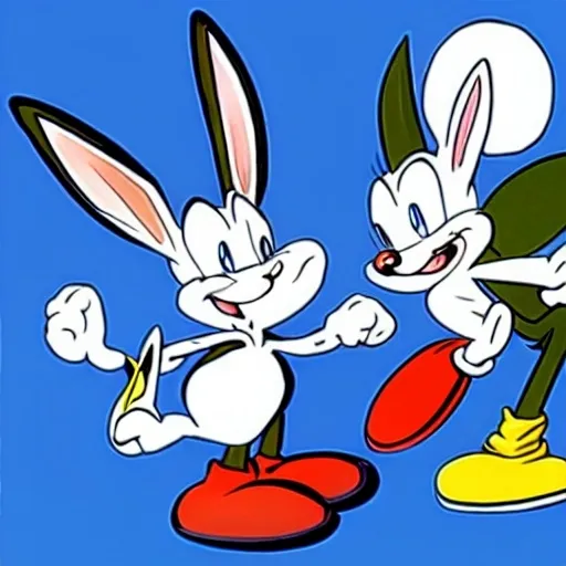 Prompt: Bugs Bunny Are cartoon white black, 2d, sonic, &, tails, to the left of a cartoon classic white, black, in ( 2 0 0 0 s )