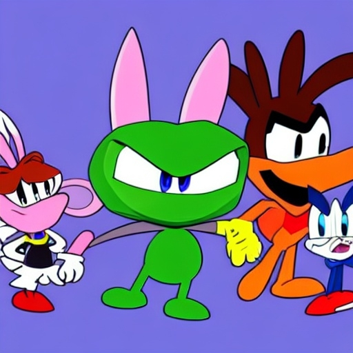 Prompt: Are crossovers overrated? News article. Videogames. Movies. Stock image. Bugs Bunny. Velma. Buster bunny Shaggy. .Looney Tunes Batman. Garnet from Steven Universe. Steven Universe. Porky pig. Daffy Duck. Sonic . Tails. Michael Jordon. Detail.