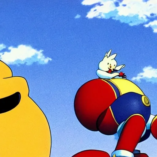 Prompt: beautiful illustration of dr robotnik looking up lovingly at sonic the hedgehog. animation frame from the studio ghibli film by miyazaki.