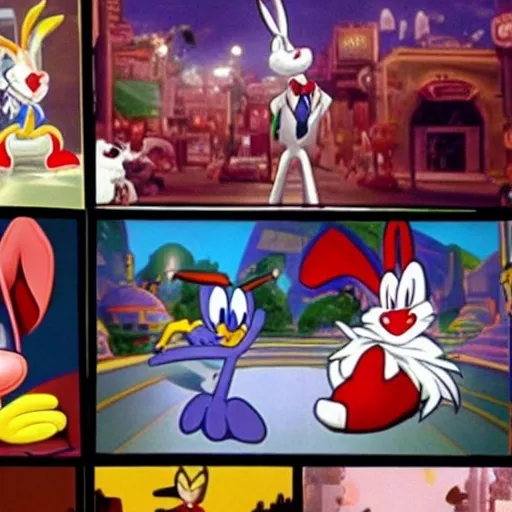 Prompt: roger rabbit Are cartoon white black, 2d, sonic, &, tails, to the left of a cartoon classic white, black, in ( 2 0 0 0 s )