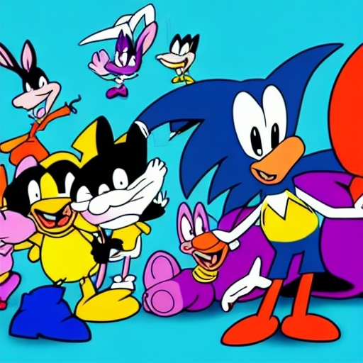 Prompt: Are crossovers overrated? News article. Videogames. Movies. Stock image. Bugs Bunny. Velma. Buster bunny Shaggy. .Looney Tunes Batman. Garnet from Steven Universe. Steven Universe. Porky pig. Daffy Duck. Sonic . Tails. Michael Jordon. Detail.