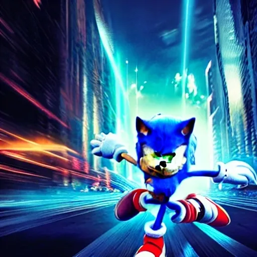 Prompt: (sonic the hedgehog inspired photograph), futuristic, high energy, photorealistic, highly detailed, 8K, UE5, Octane render, trending on artstation, award-winning, neon lights, dynamic scene, intense motion, ultramodern cityscape in background, vibrant blue and lightning-fast action, dramatic contrasts, intricate textures, hyper-realistic reflections, cinematic quality, rich color palette, adrenaline-filled atmosphere, Ultra-HD, professional composition, visually captivating, immersive details