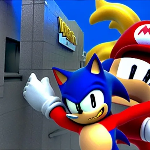 Prompt: Sonic in Mario seers fight somebody for super smash Bros superstores little c+4 360.