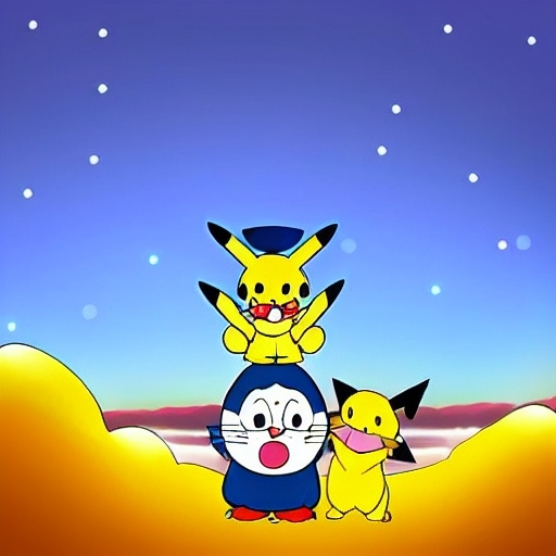 Prompt: doraemon and Pikachu the date the beautiful sky photo digital art