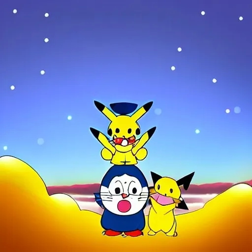 Prompt: doraemon and Pikachu the date the beautiful sky photo digital art