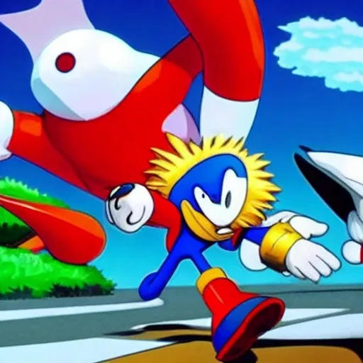 Prompt: Eggman Robotnik & Super Sonic the Hedgehog battle with Sonic what so about the character mushroom