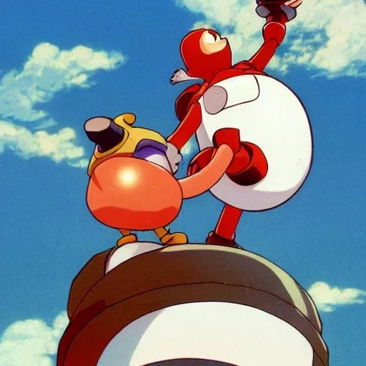 Prompt: beautiful illustration of dr robotnik looking up lovingly at sonic the hedgehog. animation frame from the studio ghibli film by miyazaki.