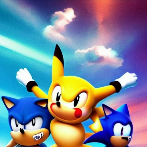 Prompt: Sonic N pikachu playing together with friends having fun