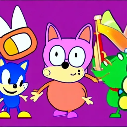 Prompt: Sonic the hedgehog in Peppa Pig, in a cartoon network of stillframe in 2d,